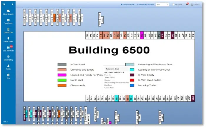 Yard management dashboard showing a building map with dock door and trailer status