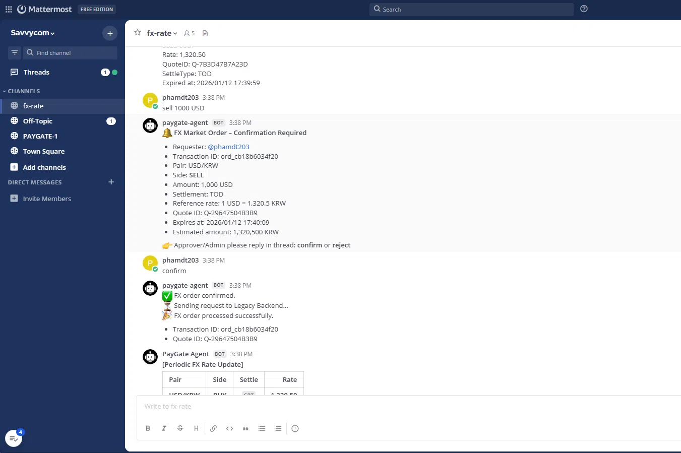 FX assistant in Mattermost confirming a market sell order and processing it through the backend
