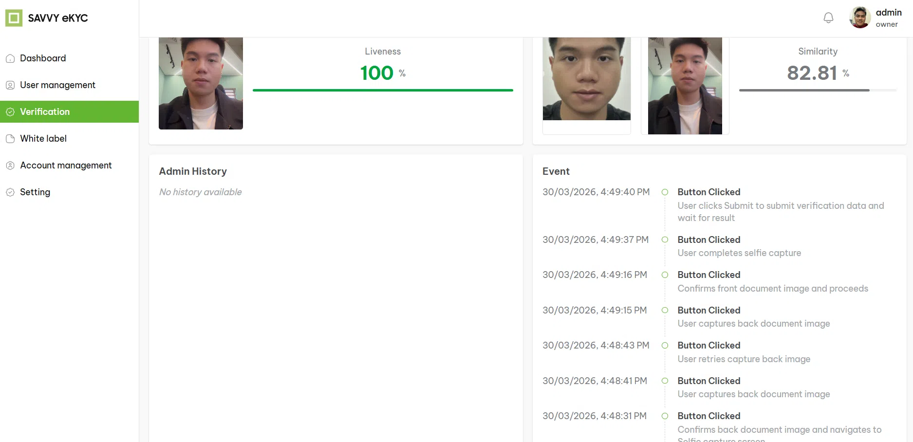 eKYC verification screen showing face matching liveness score and similarity score