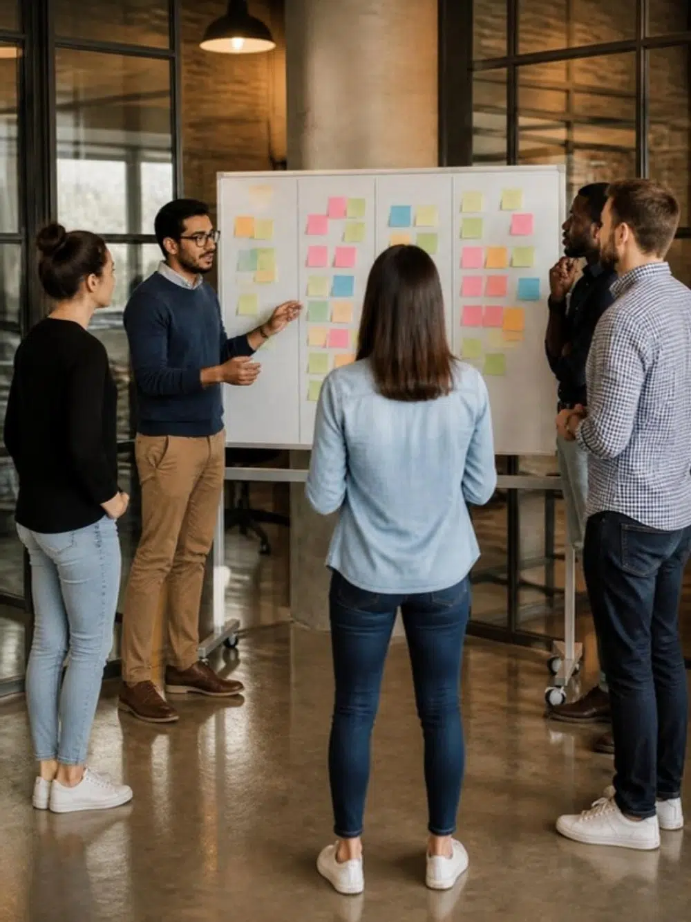 Agile software team holding a stand-up meeting at a kanban board