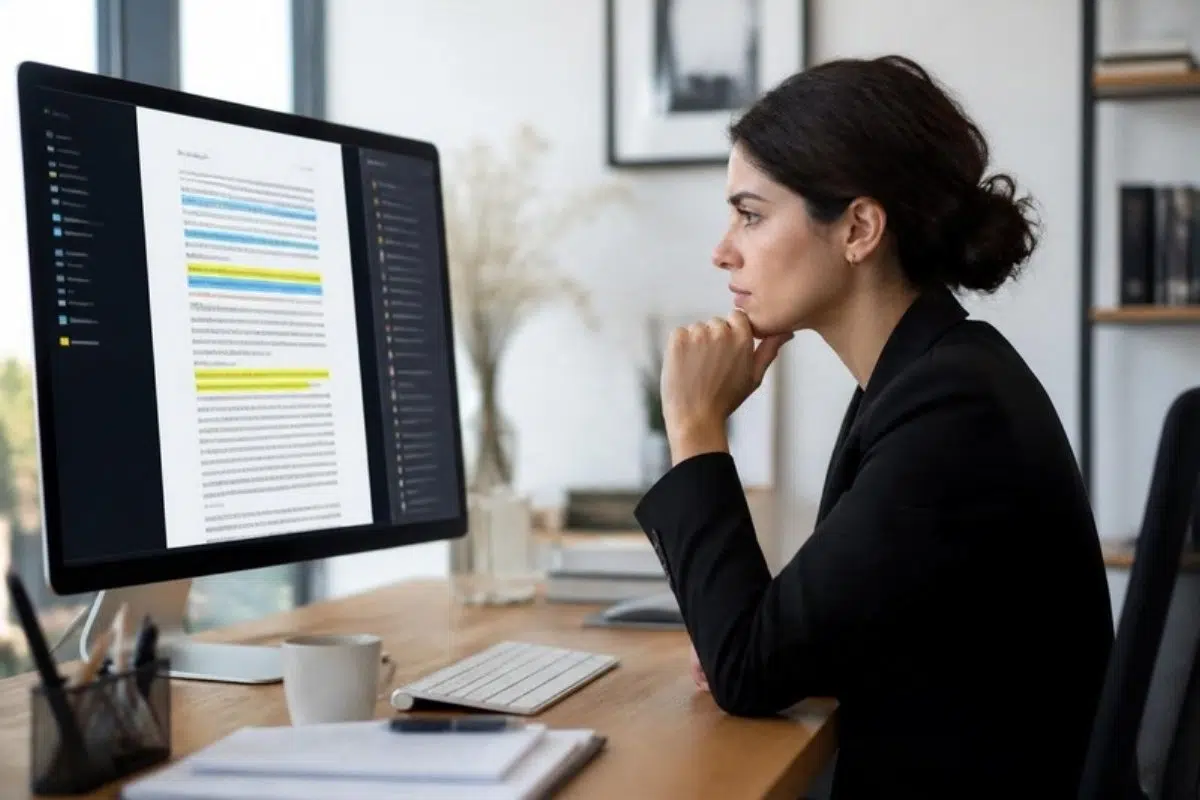 Legal professional reviewing AI-highlighted contract clauses on a large monitor