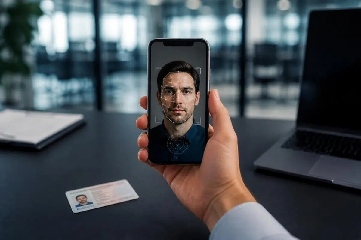 Smartphone running a face verification check next to an identity card