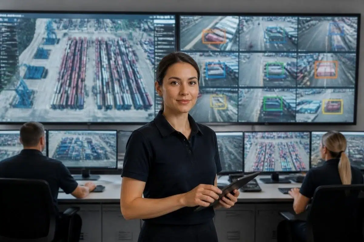 Logistics control room monitoring container yard maps and camera feeds