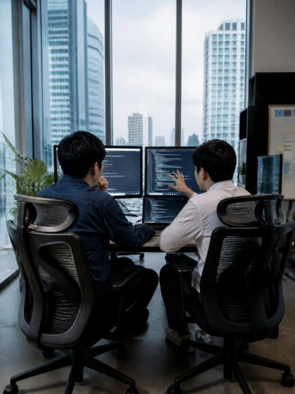Two backend developers pair programming in a modern office