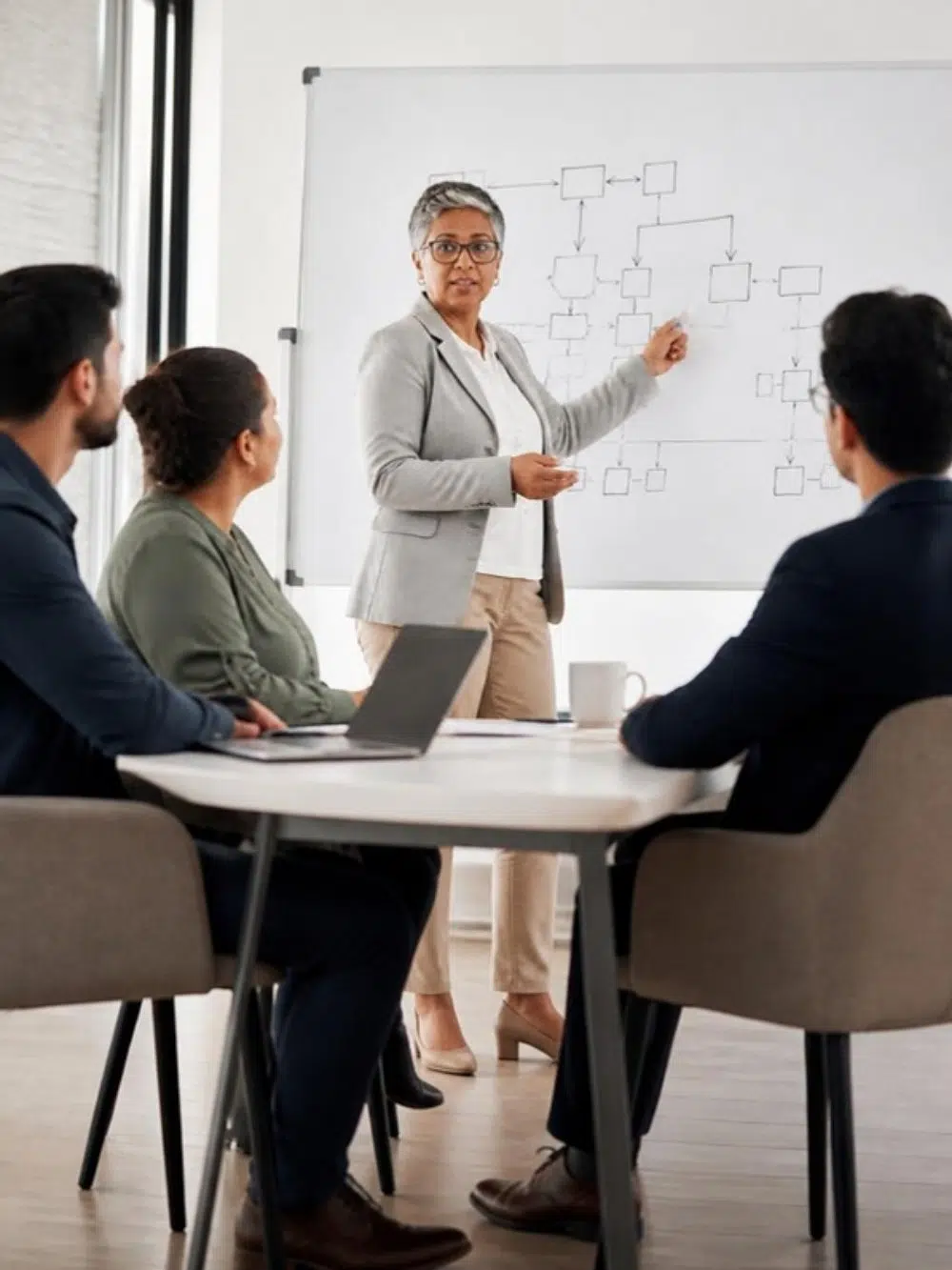 Senior business analyst leading a requirements workshop at a whiteboard
