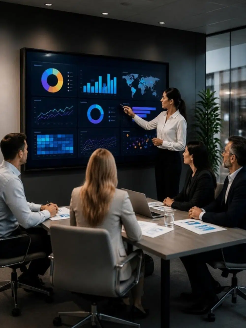 Team reviewing business intelligence dashboards on a large screen