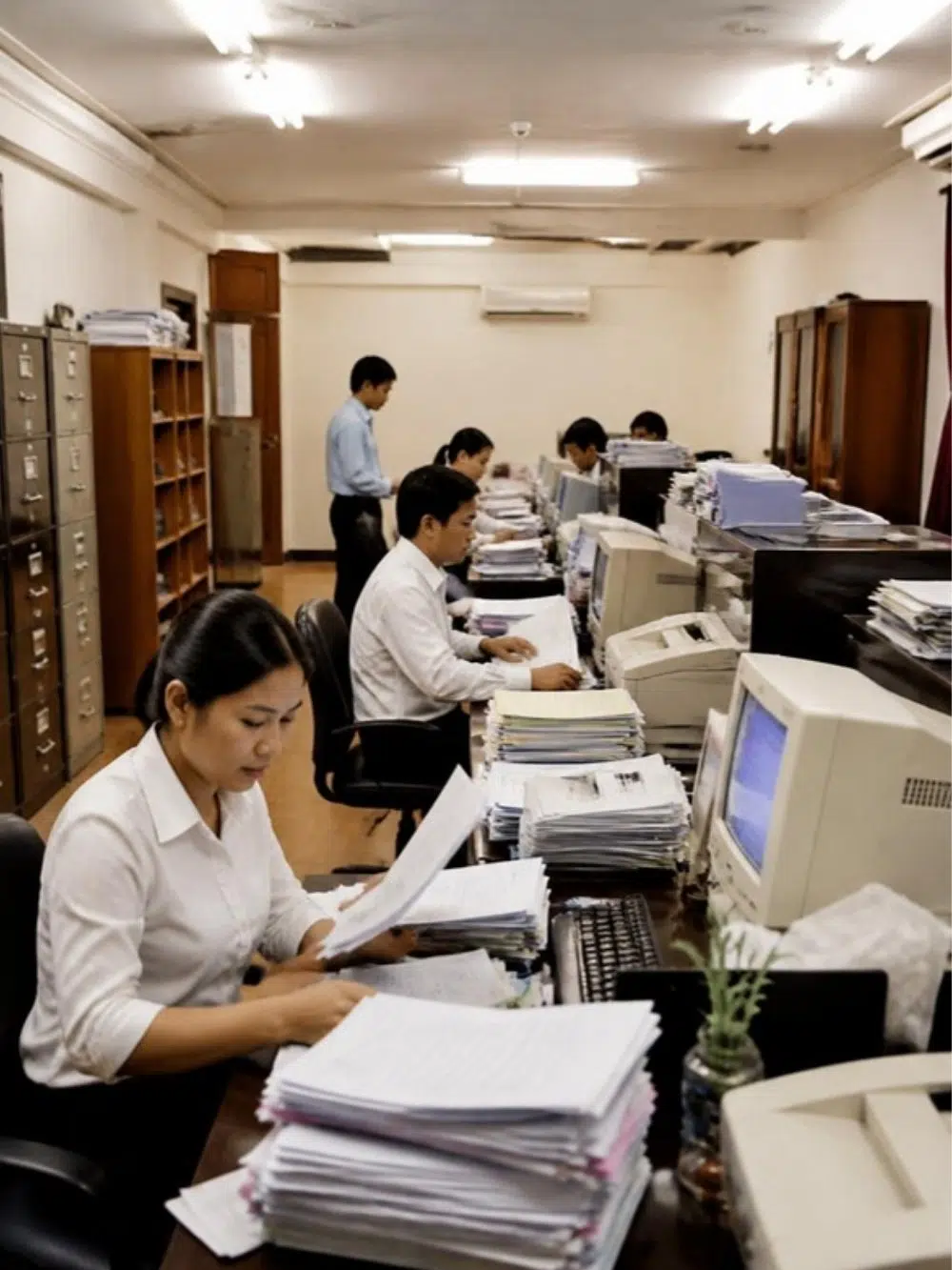 Cambodian bank back office staff working with paper files and old computers