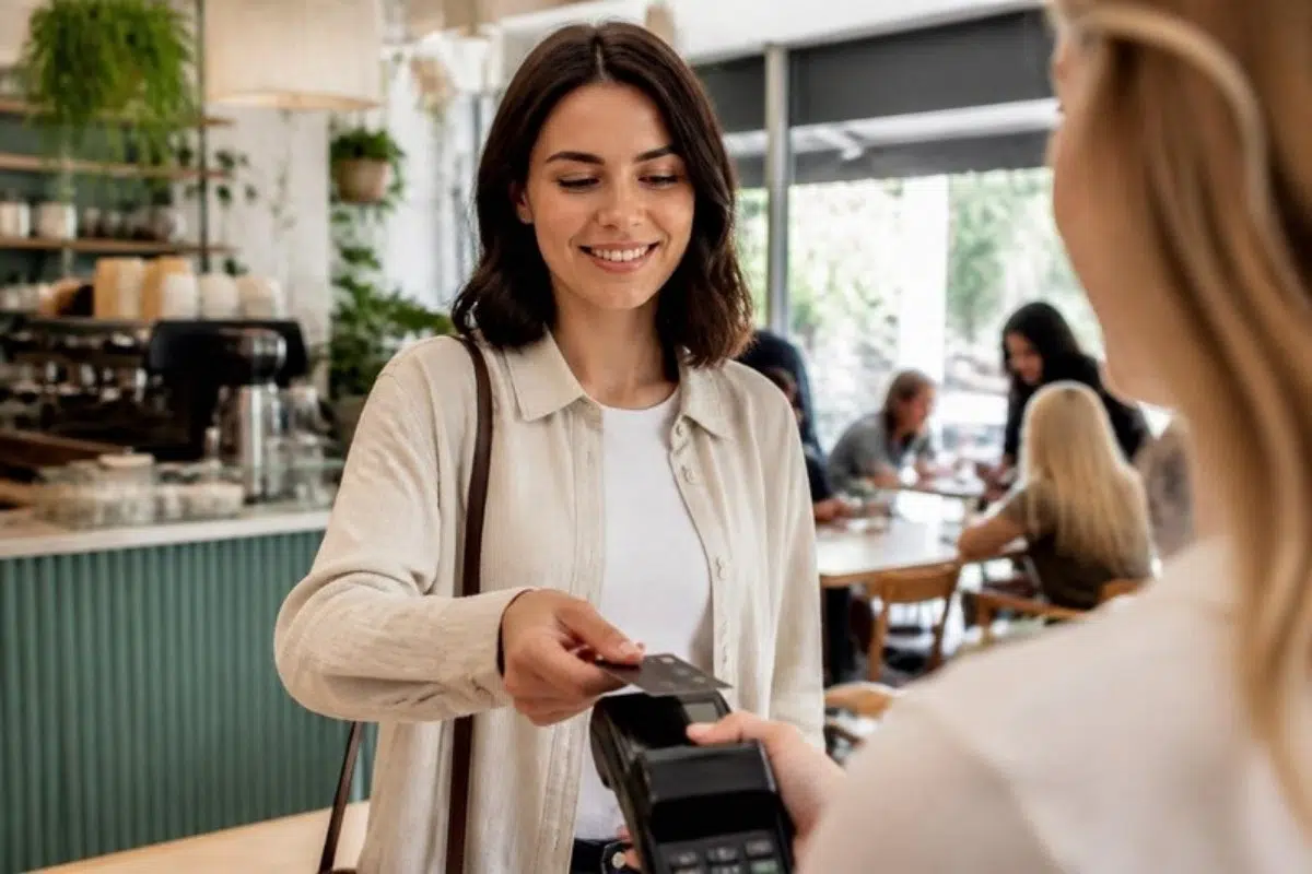 Customer paying with a contactless card at a cafe terminal