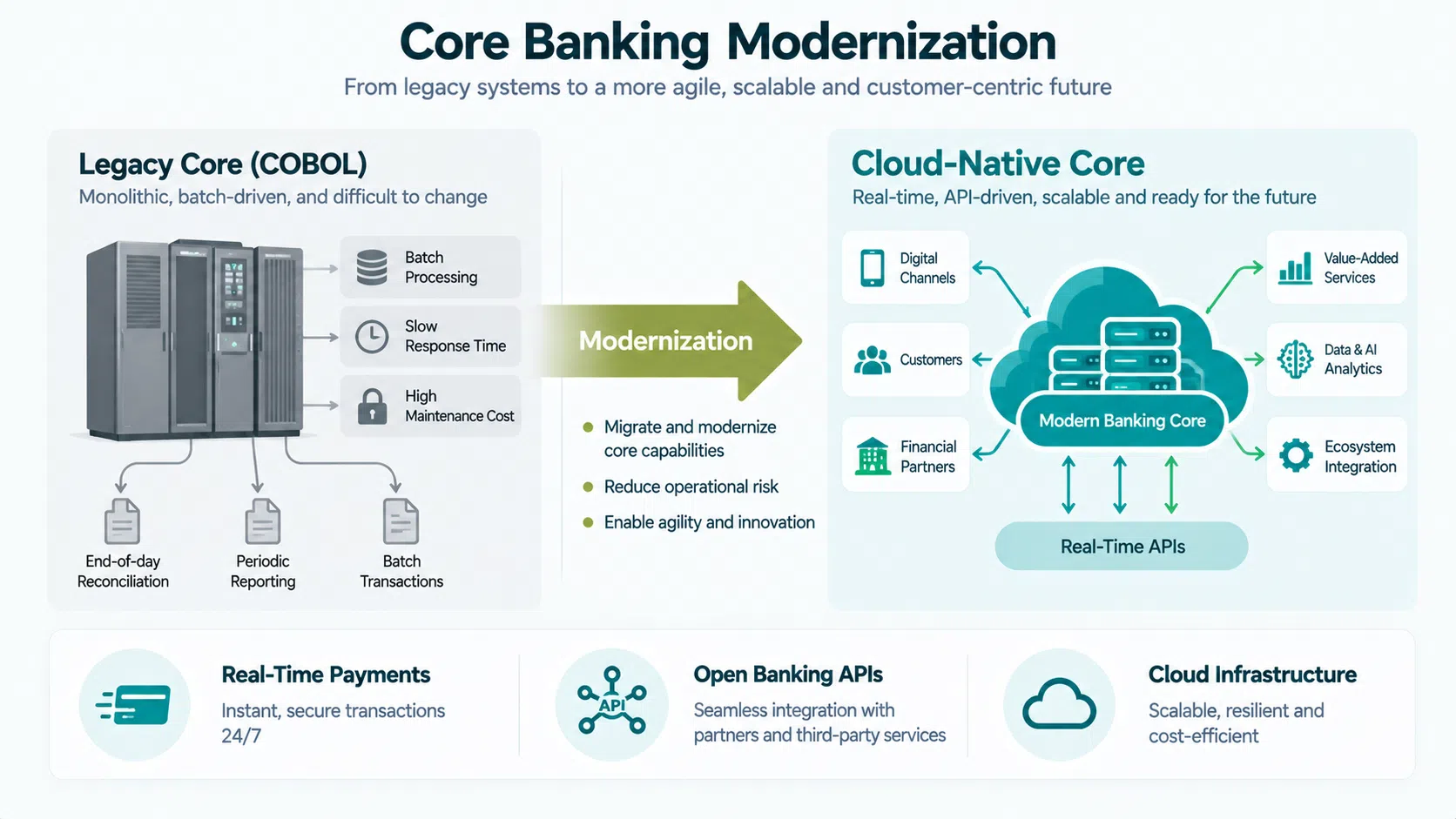 Core banking modernization architecture diagram showing legacy system transition to cloud-native platform