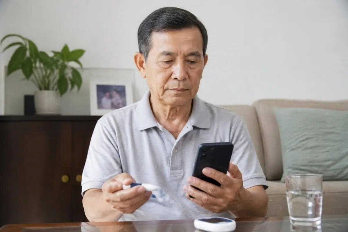 Older adult checking blood glucose with a smartphone app