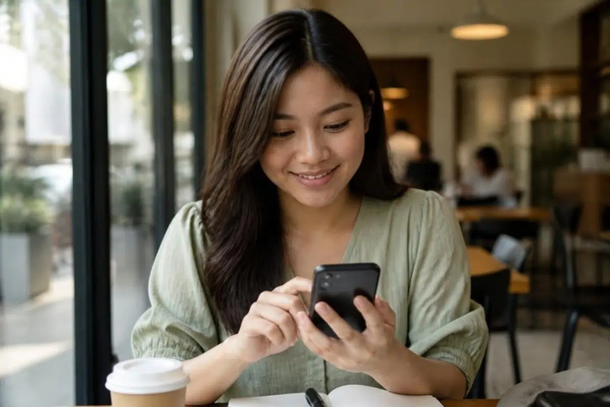 Customer opening a digital finance account on her smartphone in a cafe