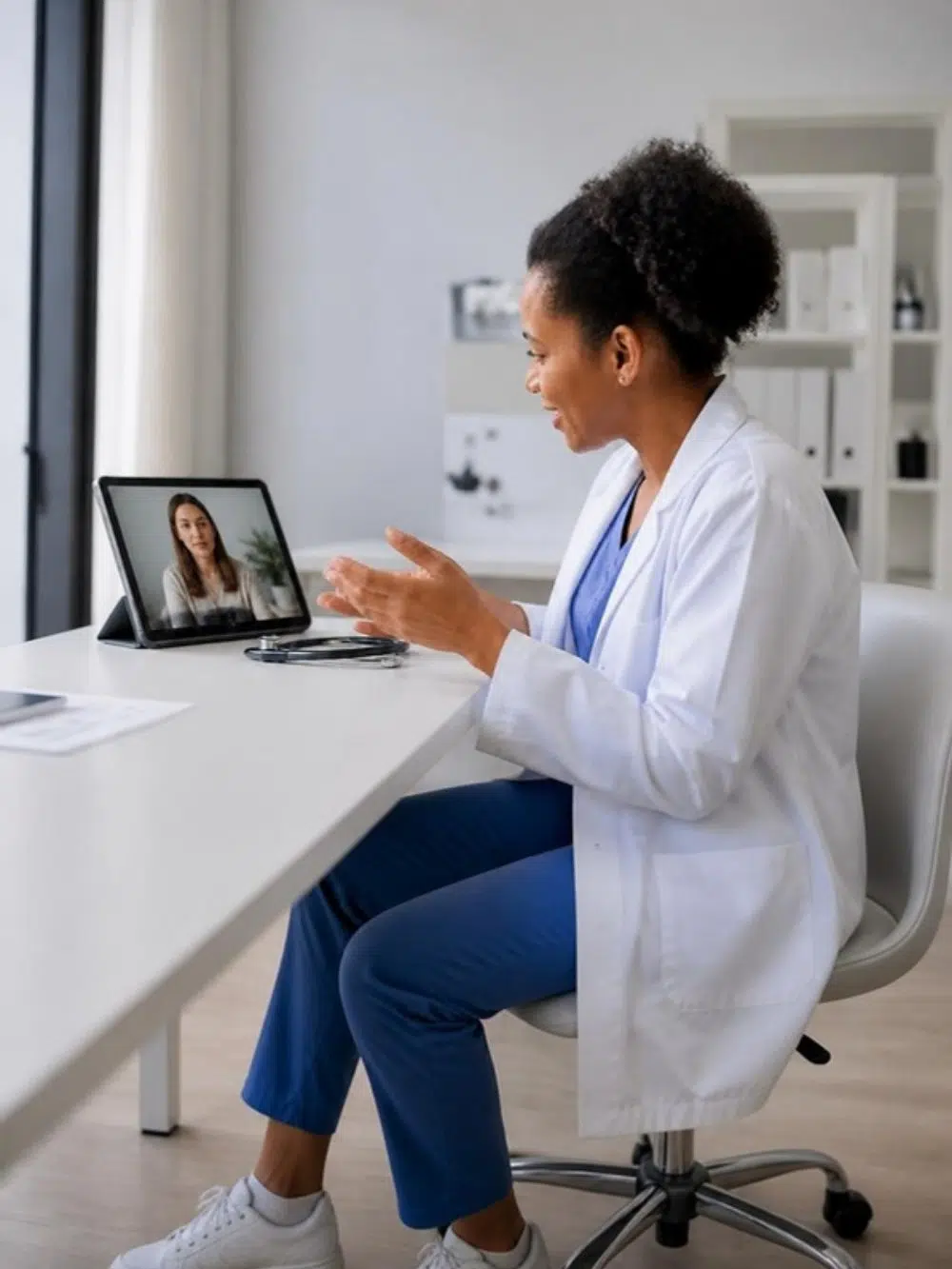 Doctor talking with a patient through a video consultation on a tablet