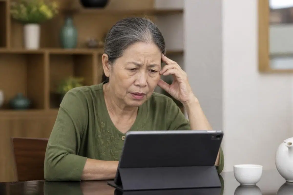 Older woman finding it hard to learn health topics on a tablet