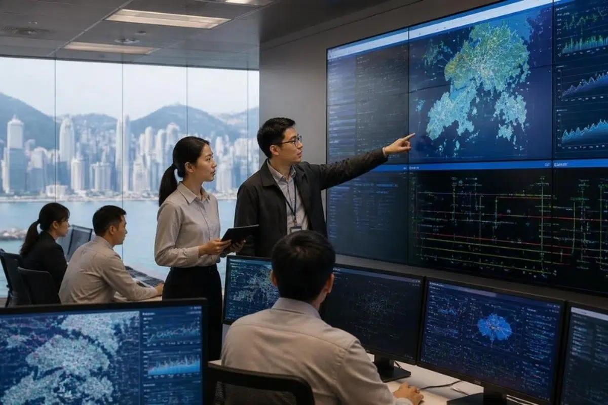 IT team at an energy utility reviewing power grid dashboards