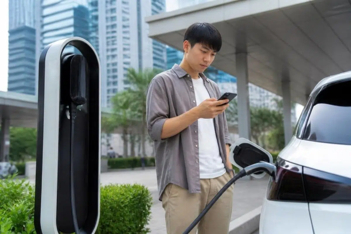 Driver using a smartphone next to an electric car at a charging station