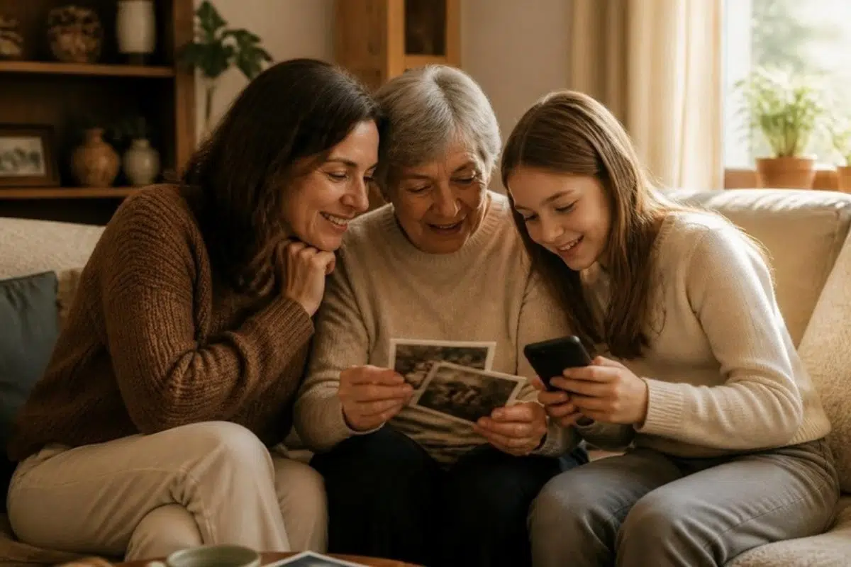 Three generations of a family looking at photos together