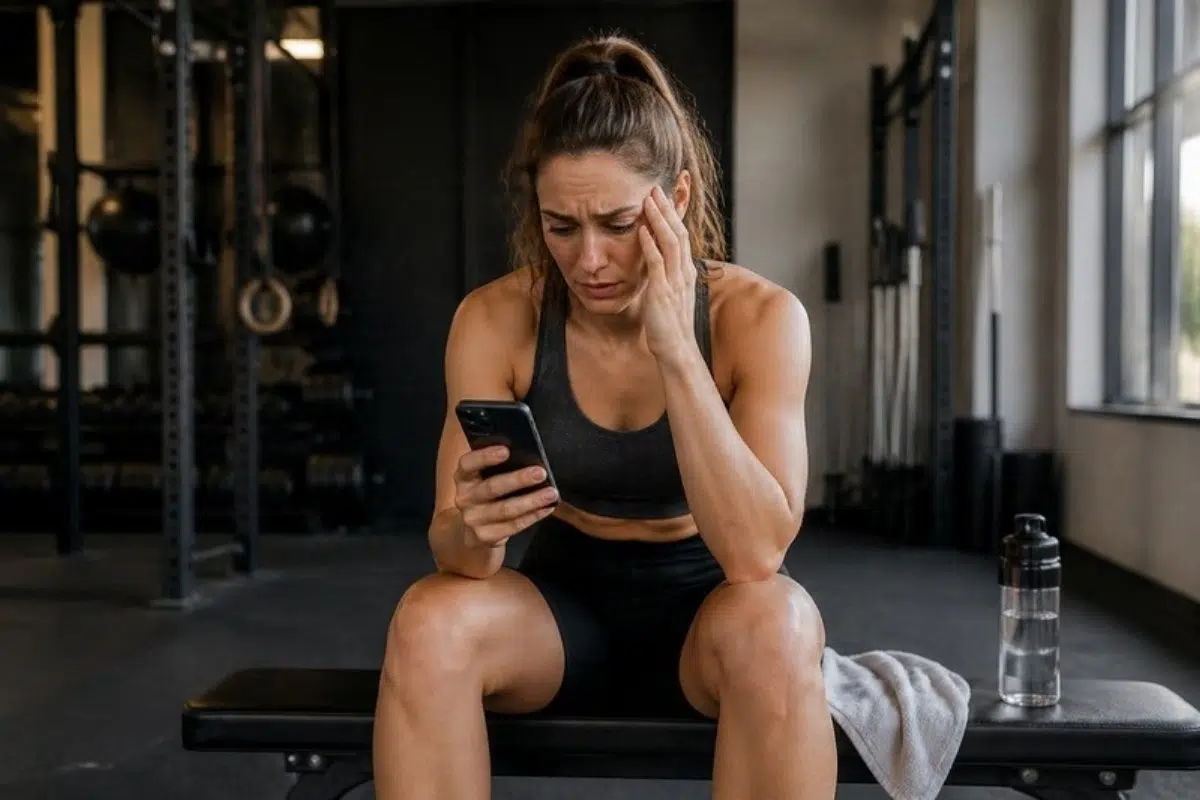 Gym-goer frustrated while searching for trainers on her phone