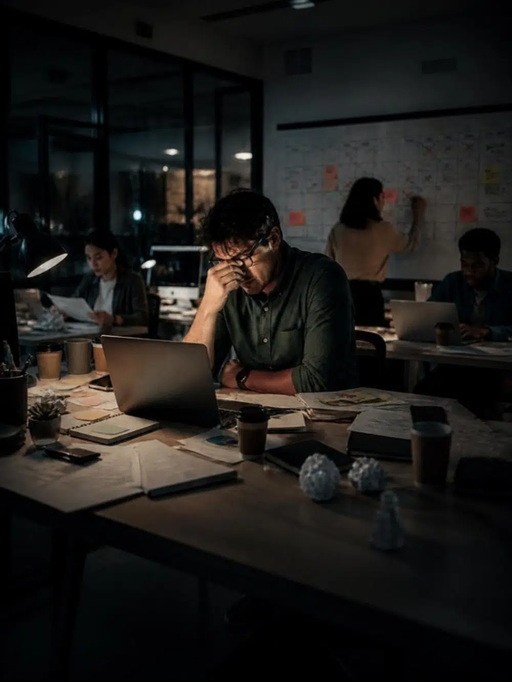 Overloaded fintech product team working late