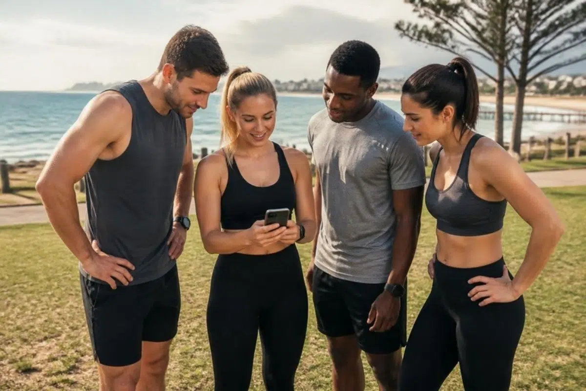 Fitness community checking a shared training app outdoors