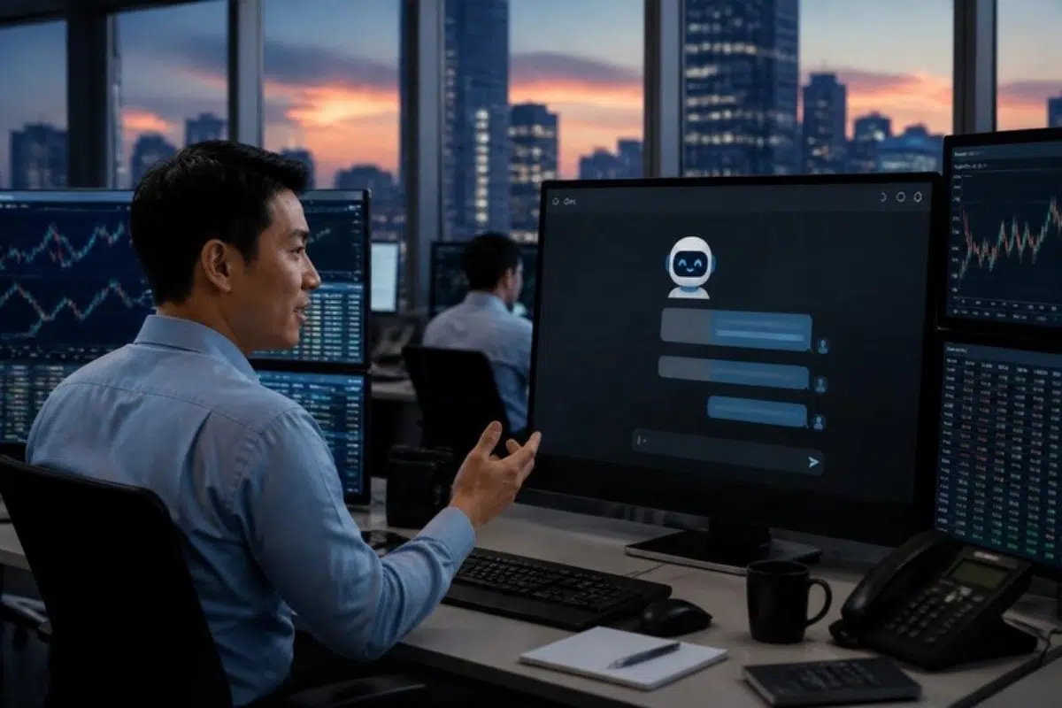 FX dealer working with an AI assistant in a team chat app in a Seoul office