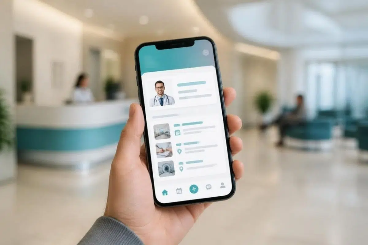 Healthcare app on a smartphone in a modern clinic