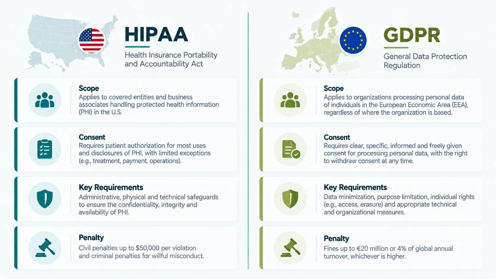 HIPAA vs GDPR comparison scope consent penalties healthcare