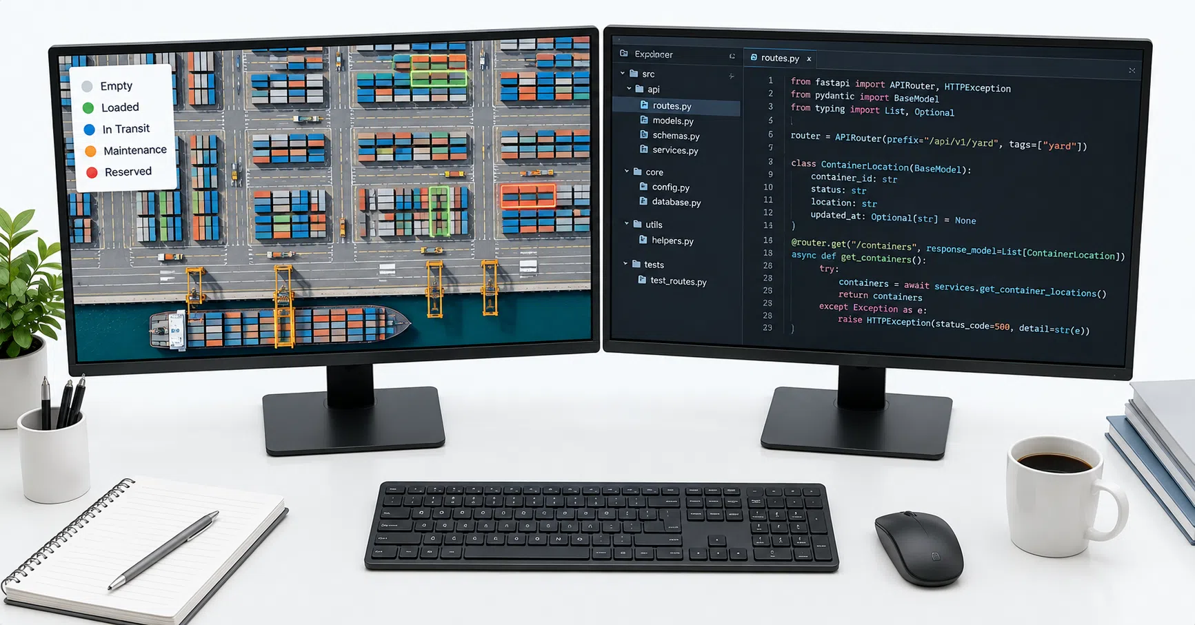 Logistics software developer reviewing warehouse management system dashboard with container tracking data