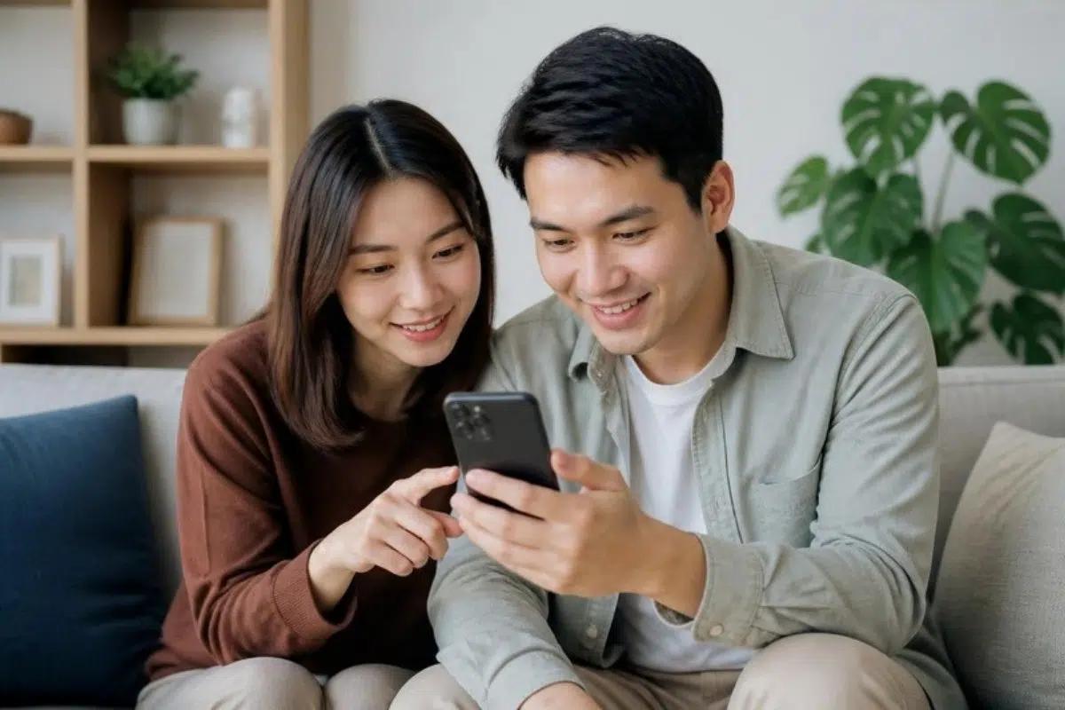 Couple comparing insurance plans on a smartphone at home