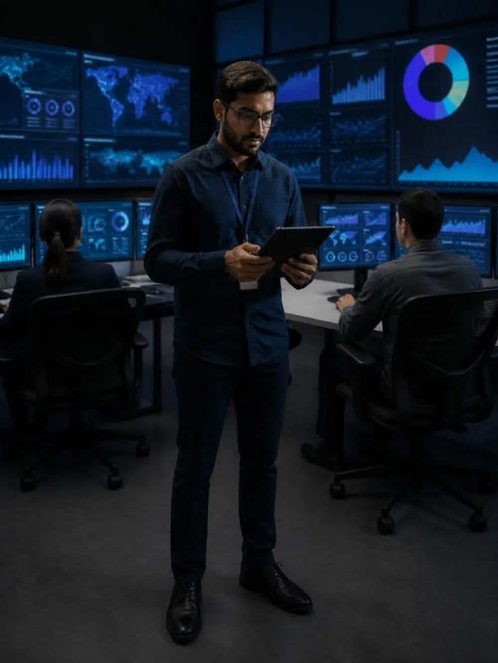 Engineer monitoring IoT and cloud dashboards in an operations room