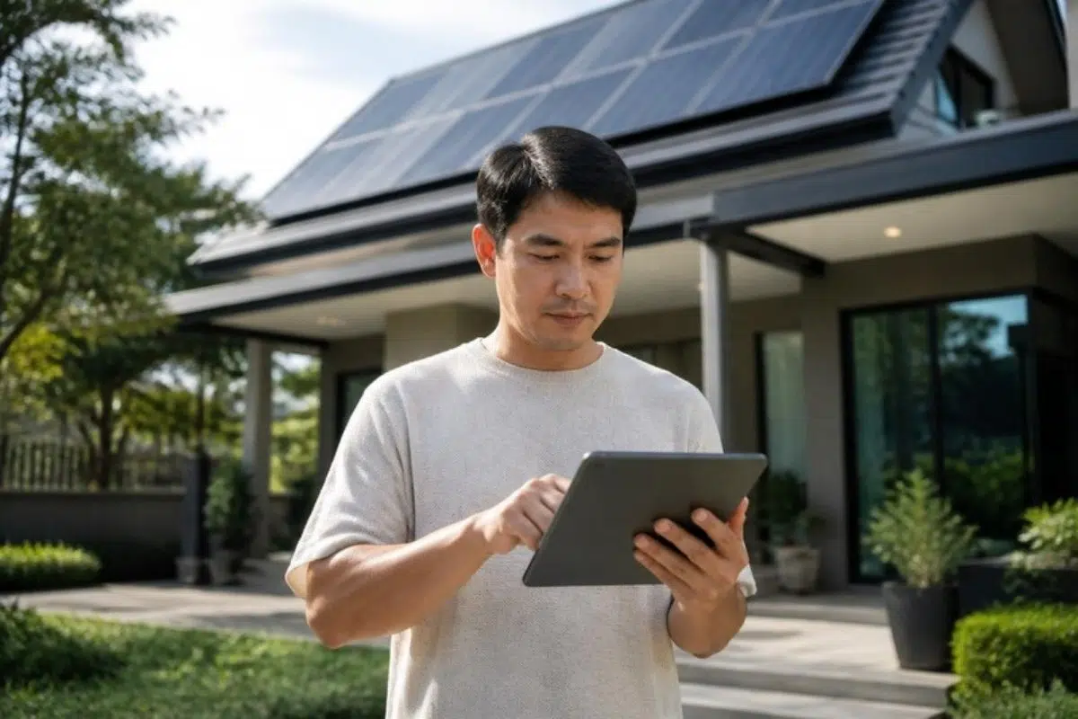 Homeowner checking connected IoT devices on a tablet outside a house with solar panels