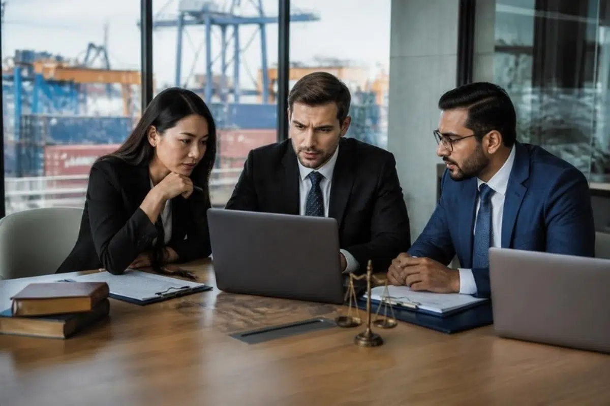 Legal team at a logistics company reviewing contracts on laptops