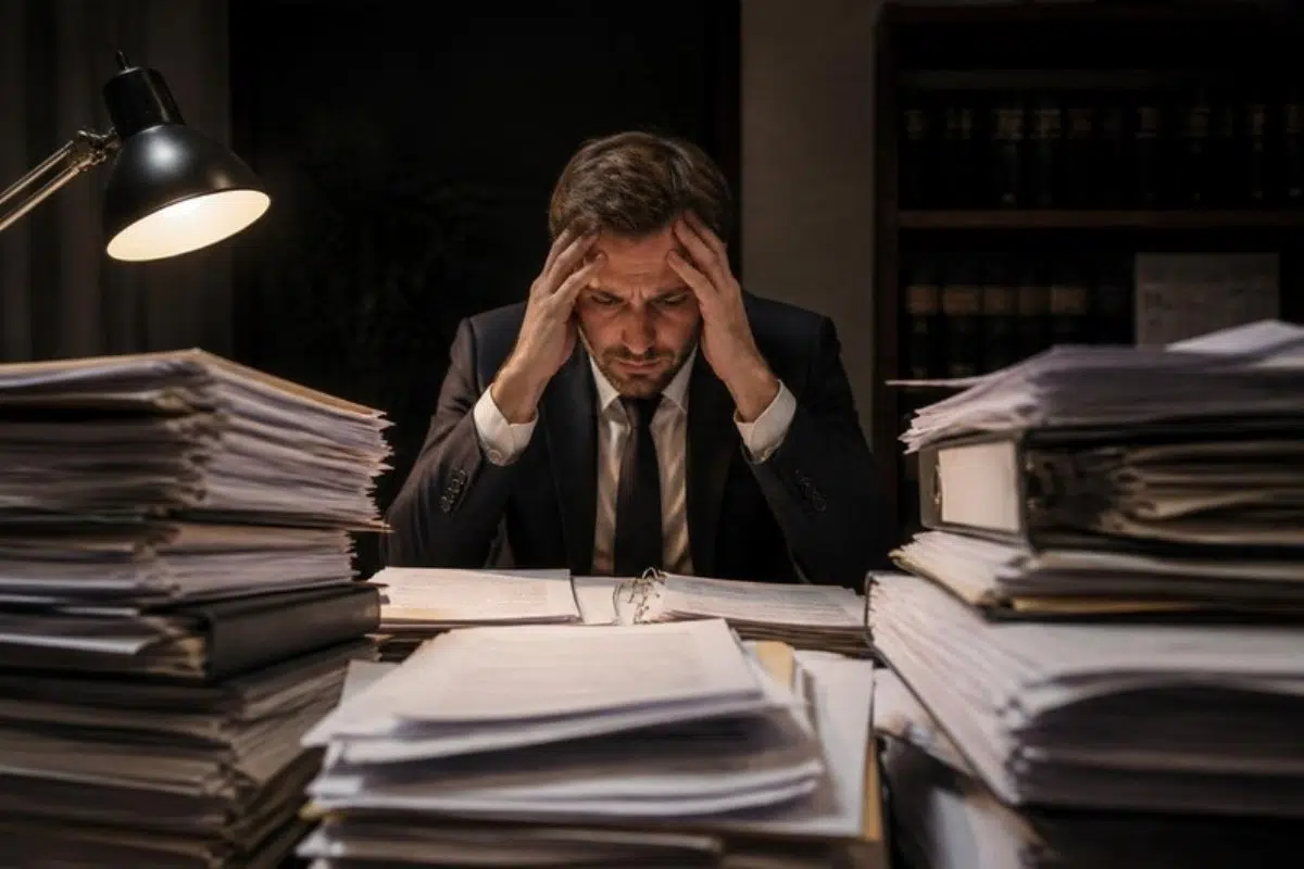 Lawyer overwhelmed by piles of printed contracts and binders
