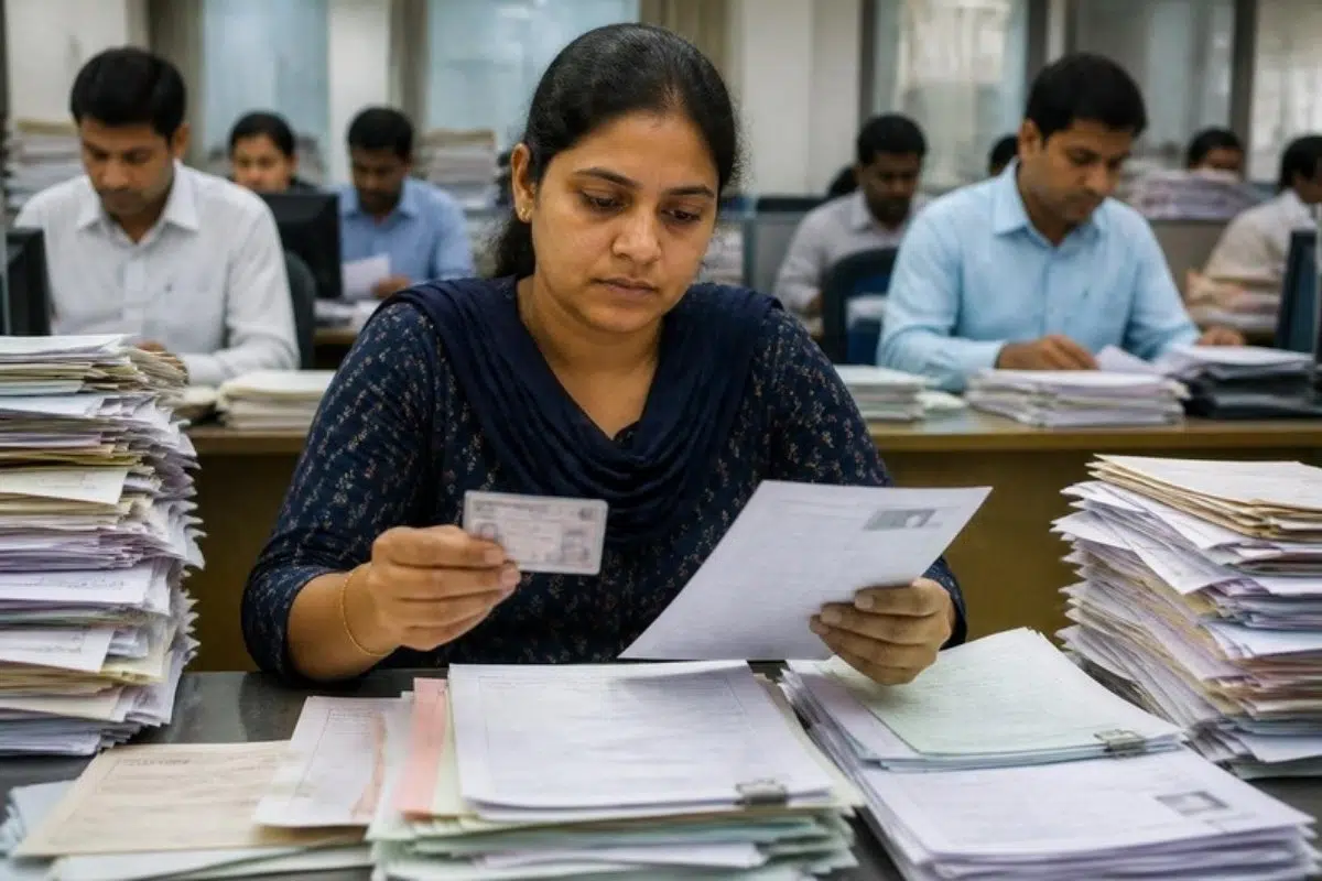 Back-office staff manually comparing identity cards with paper application forms