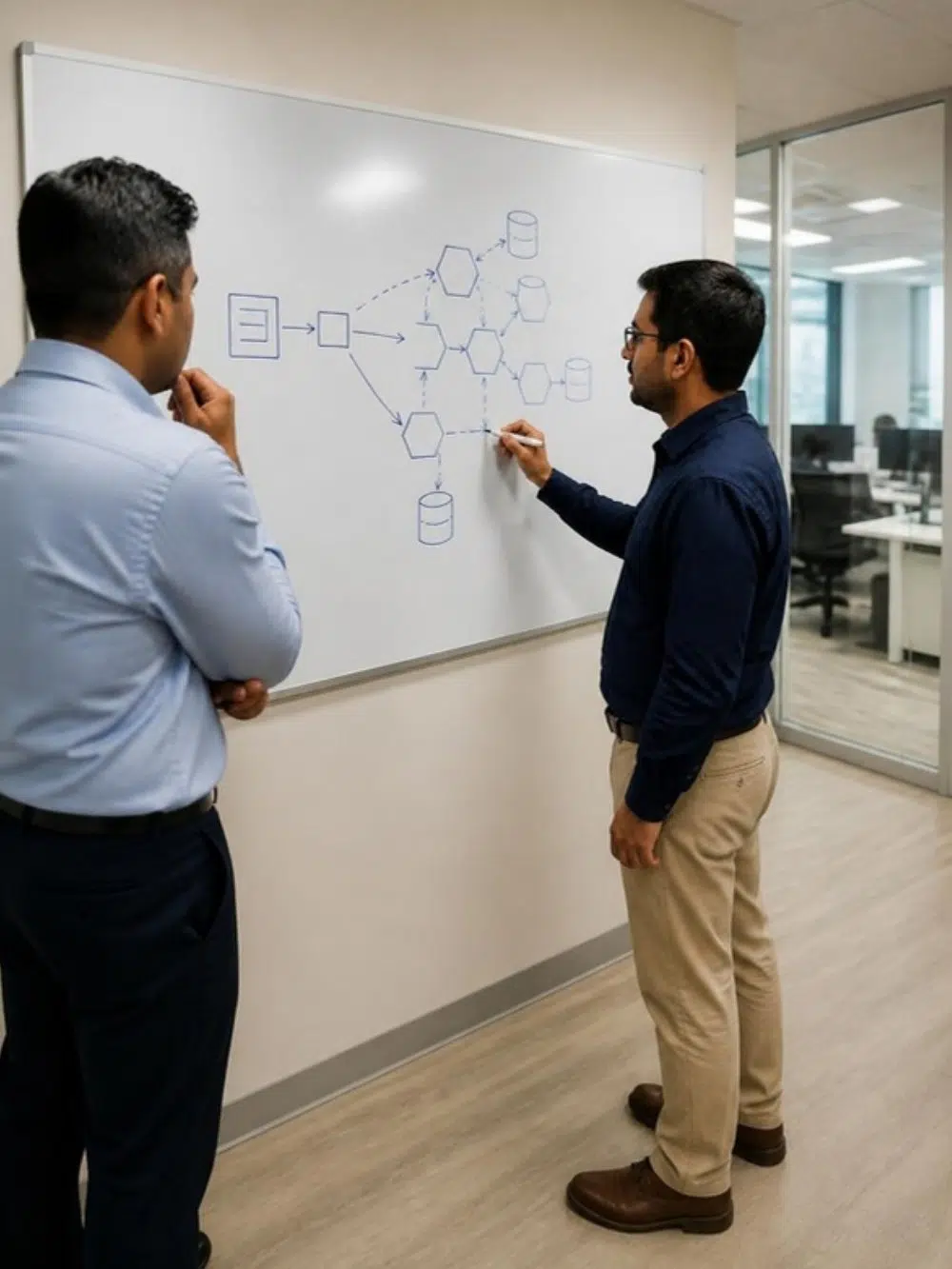 Software architects drawing a microservices architecture on a whiteboard