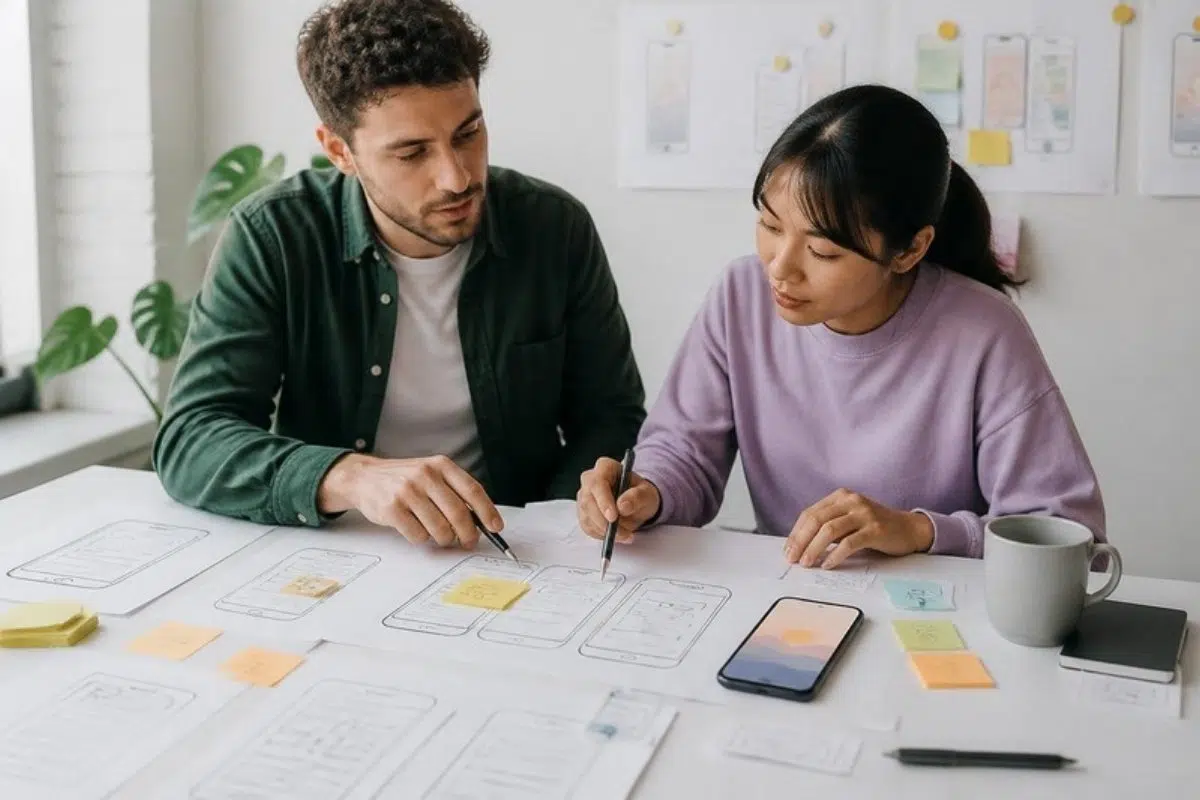 UX designers reviewing paper wireframes for a mobile app
