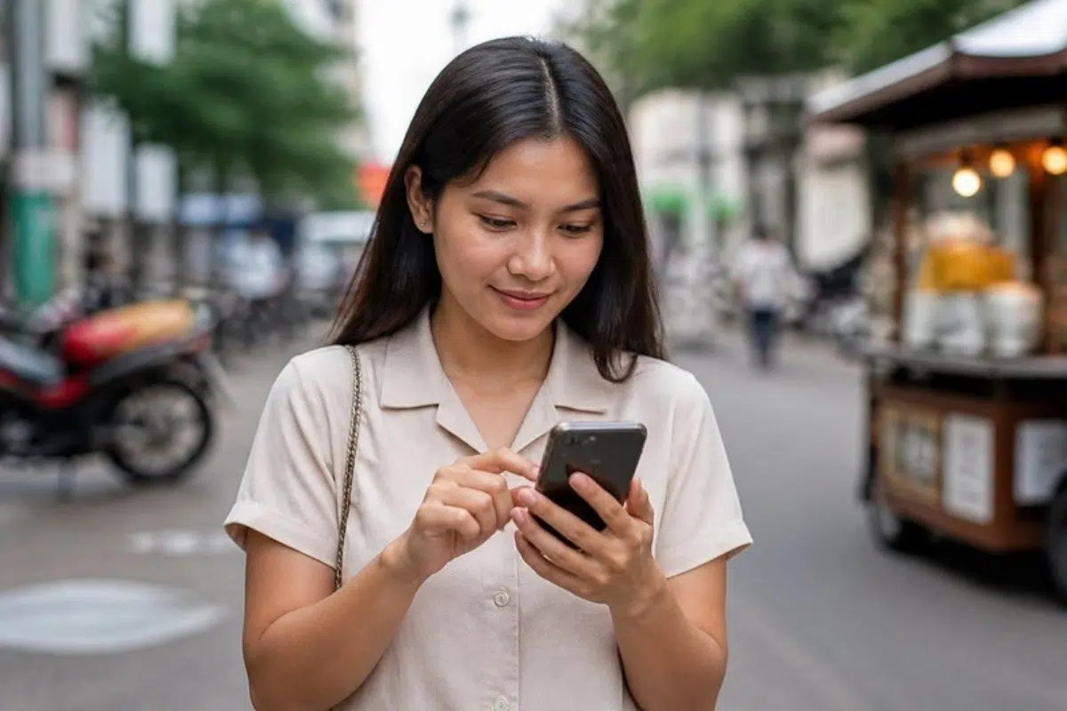 Customer using a mobile banking app on a city street