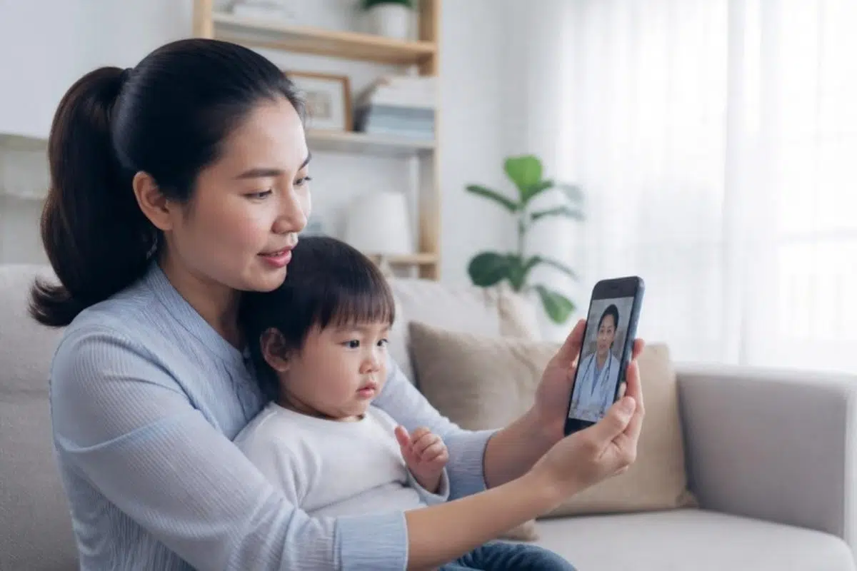 Mother holding a video consultation with a doctor on her phone