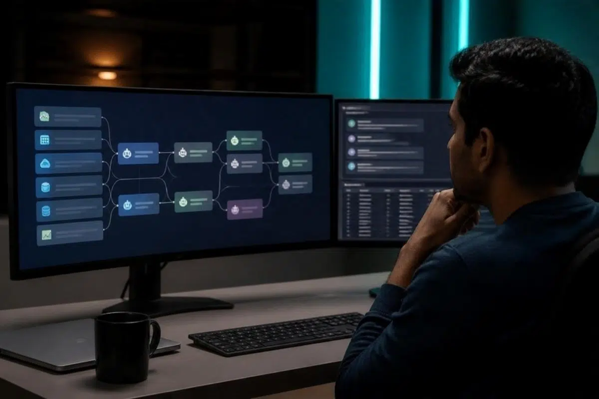 Engineer reviewing a multi-agent AI workflow and audit log on two monitors