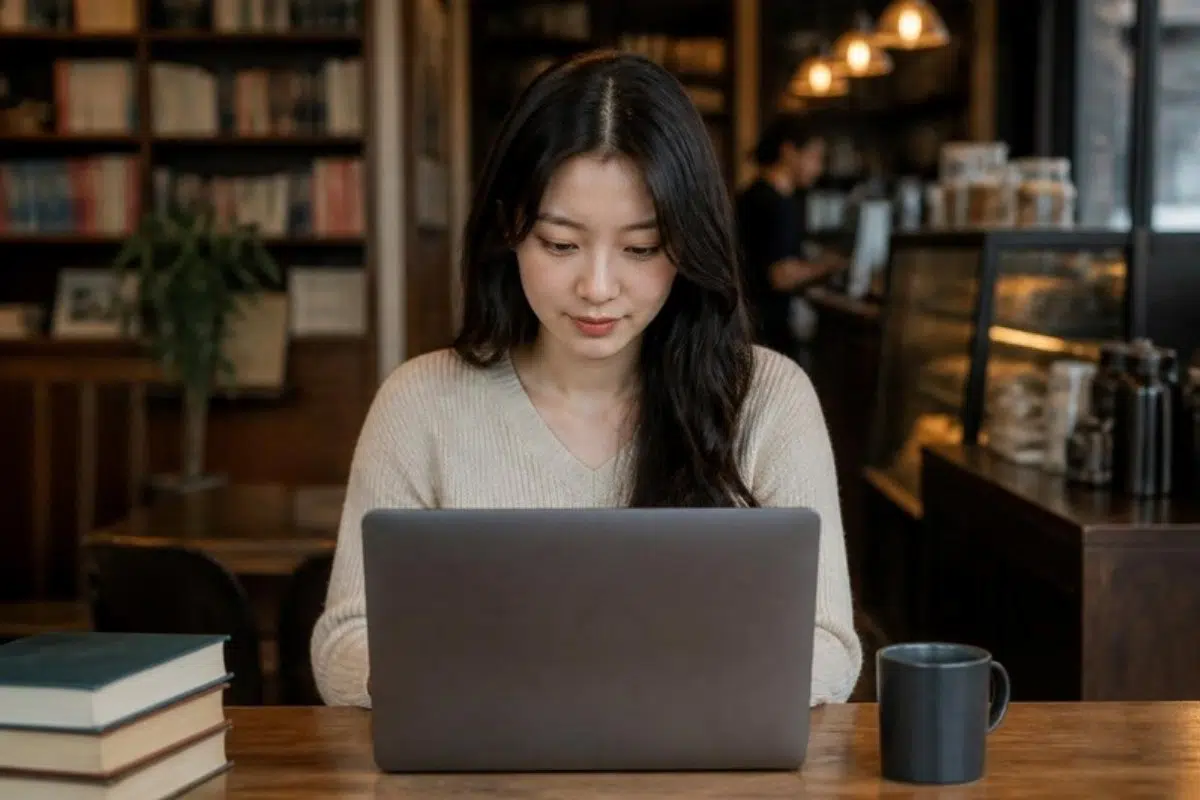 Reader browsing an online book and culture magazine on a laptop in a cafe