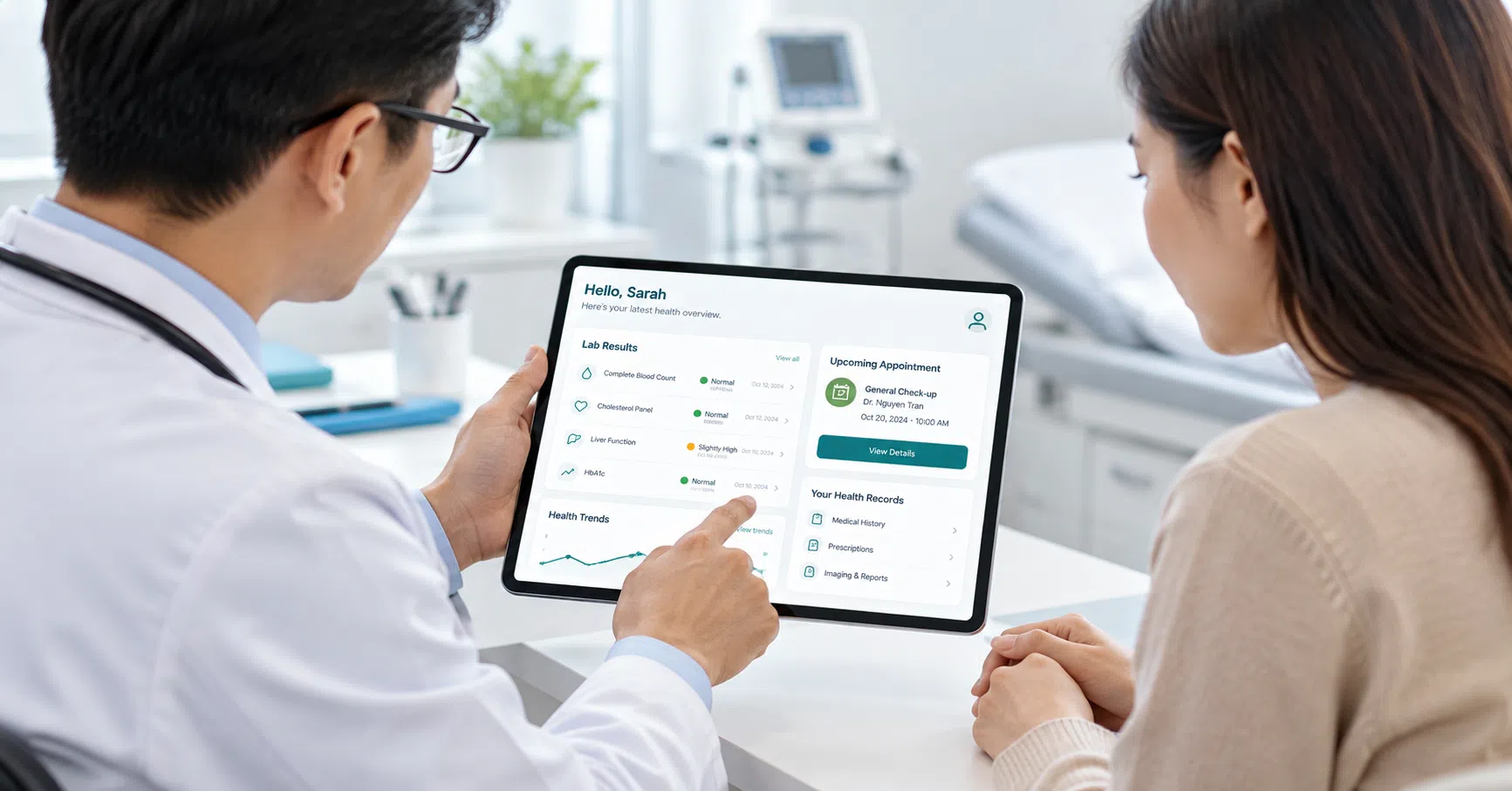 Patient portal development doctor and patient reviewing health records on a tablet