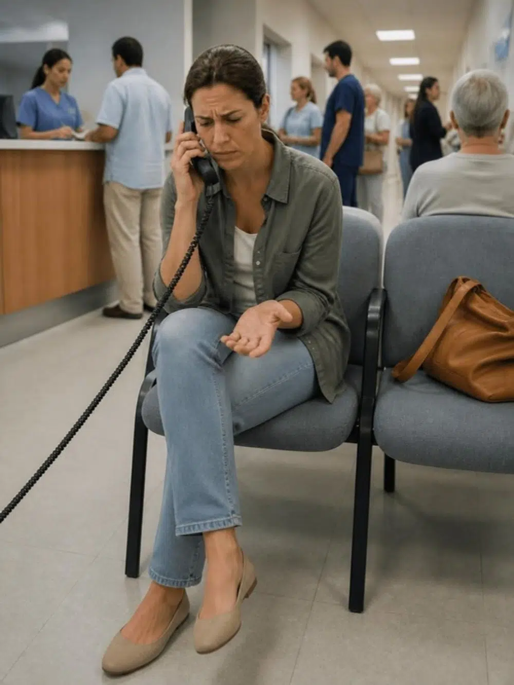 Frustrated patient on hold on the phone in a hospital waiting area