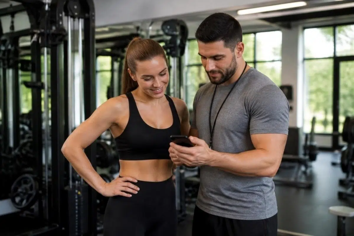 Personal trainer reviewing a training plan with a client on a phone