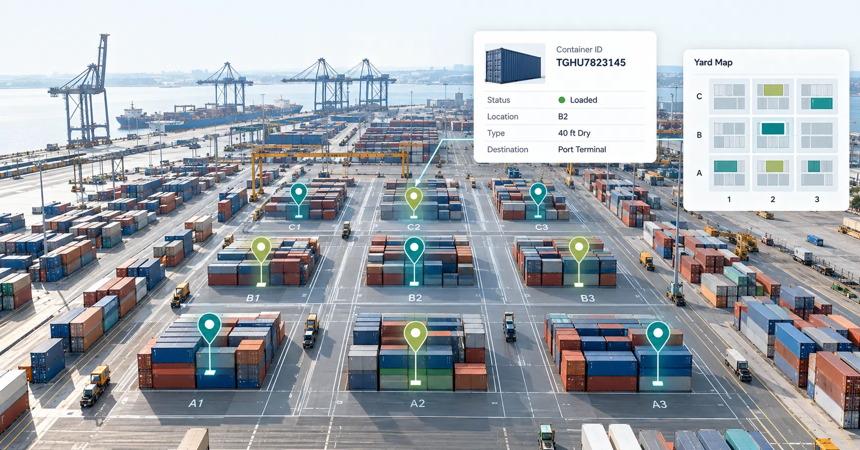 AI-powered container yard with camera towers monitoring hundreds of containers and a digital tracking dashboard overlay