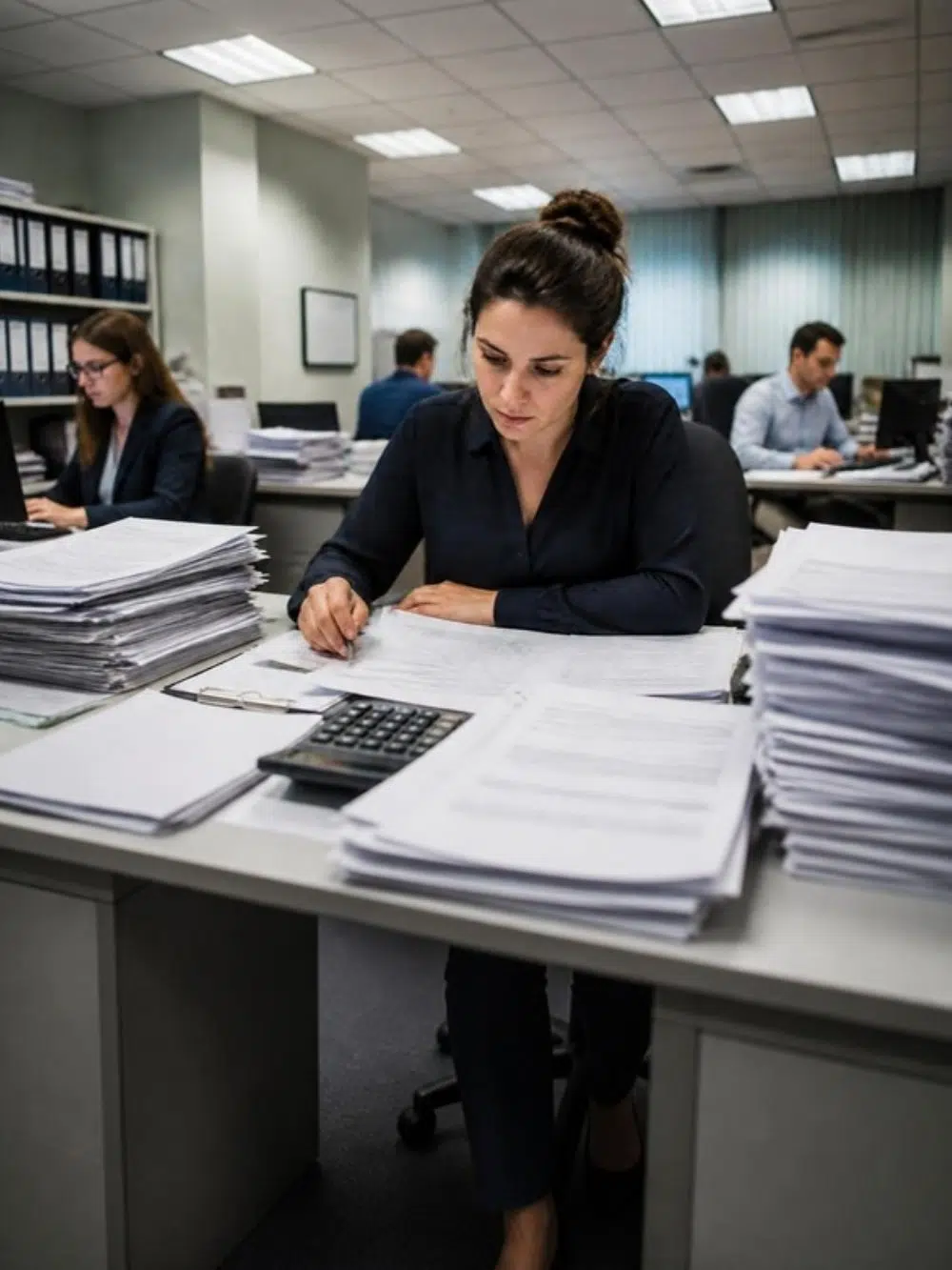 Tax office staff working through spreadsheets and stacks of contracts