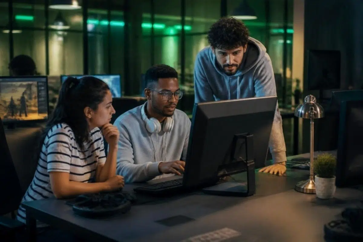 Software engineers collaborating at a gaming technology company office