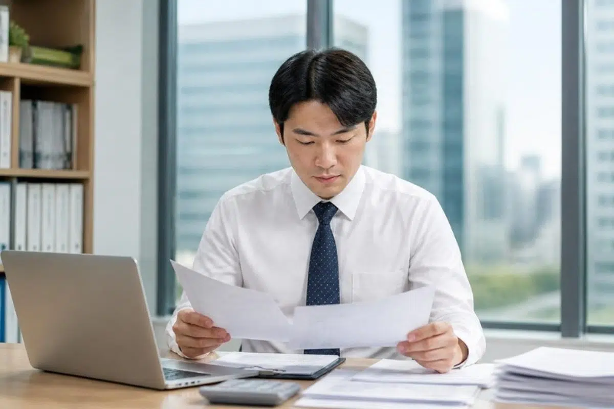 Accountant reviewing tax documents next to a laptop