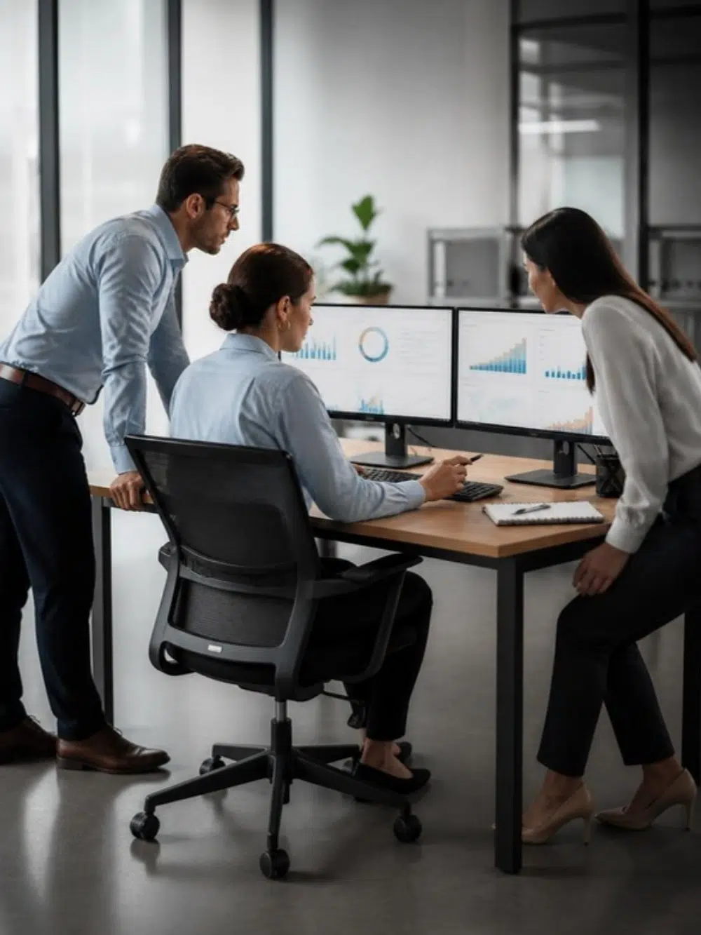 Finance team using a tax management platform on two monitors