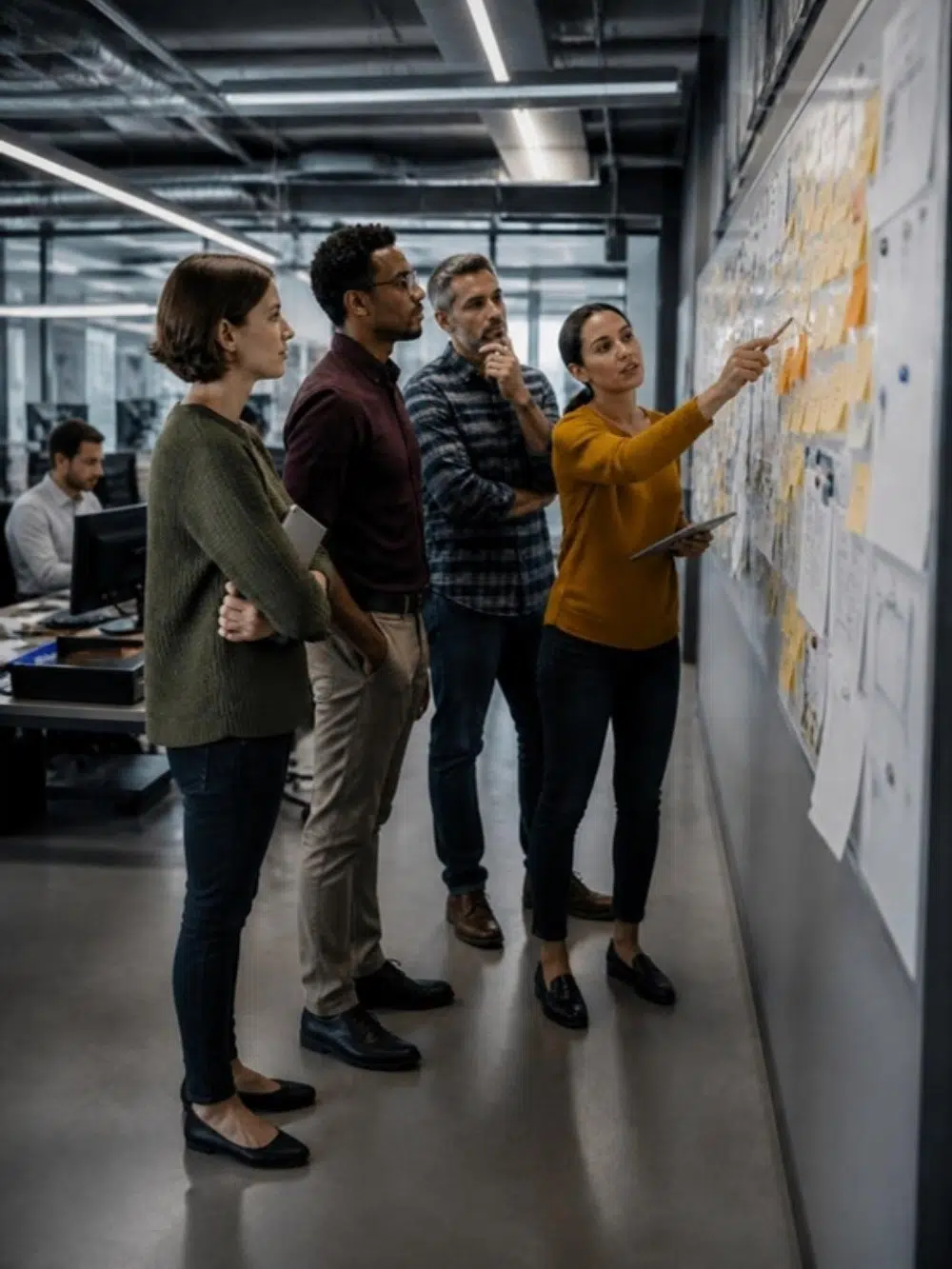 Small engineering team reviewing a whiteboard full of pending development tasks