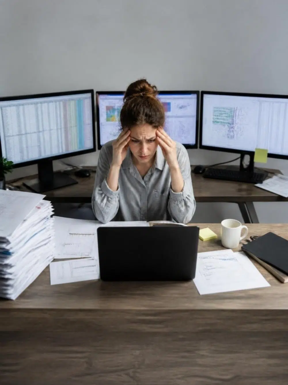 Data analyst overwhelmed by spreadsheets on several screens