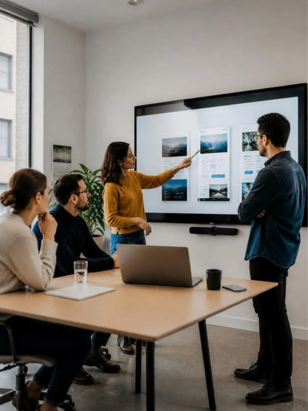 Product team reviewing a website redesign on a large screen